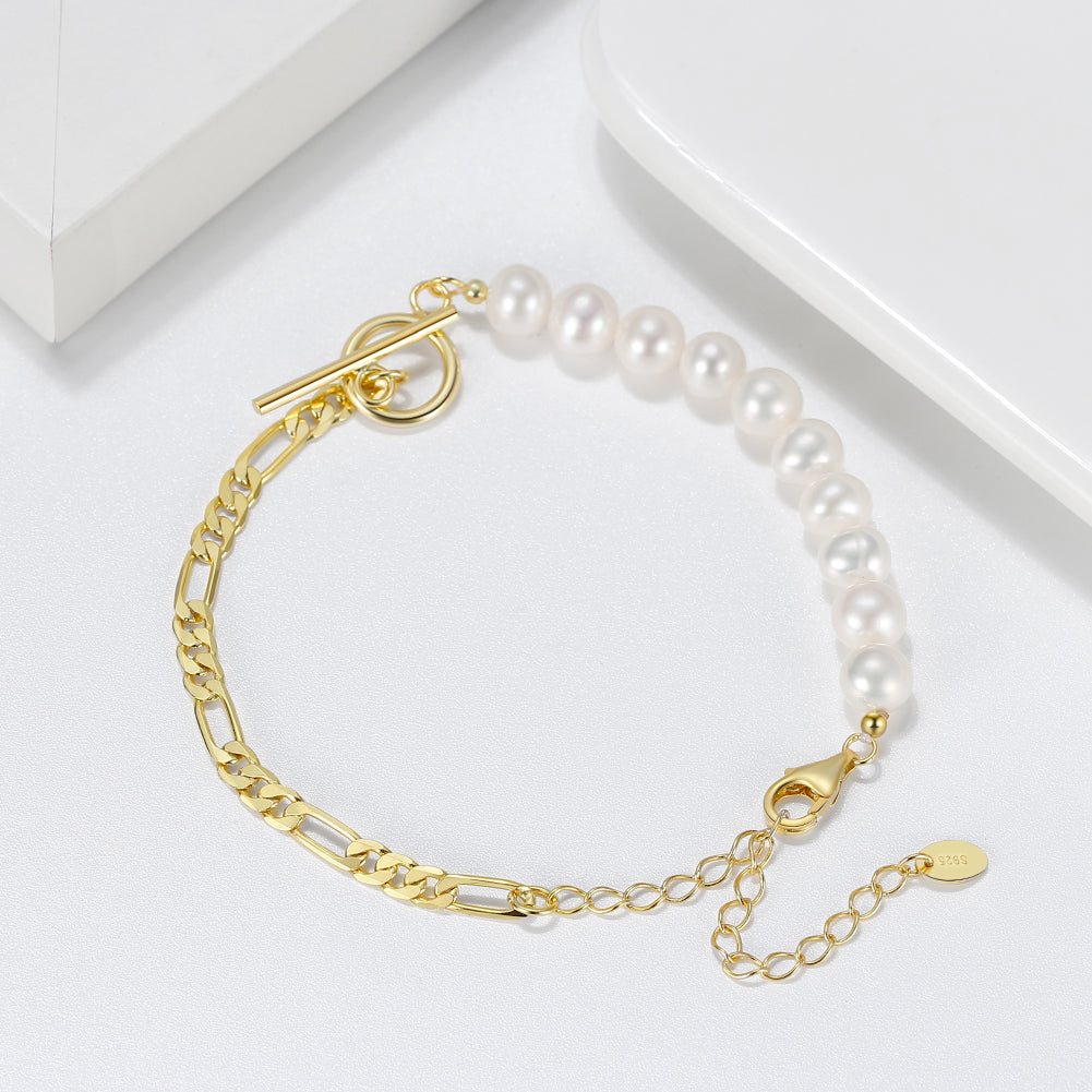 Figaro Link Chain Pearl Bracelet