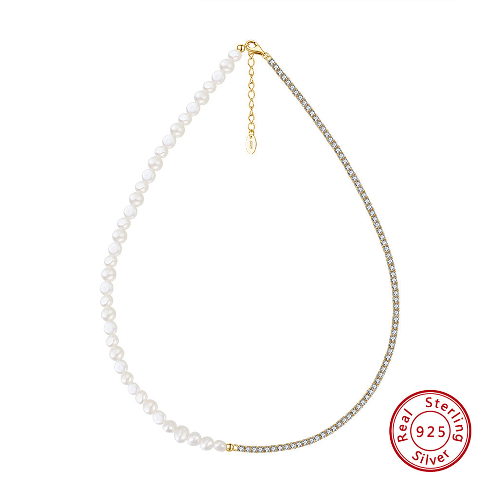 Daitny Chunky Half Barque Pearl Half Silver Tennis Necklace