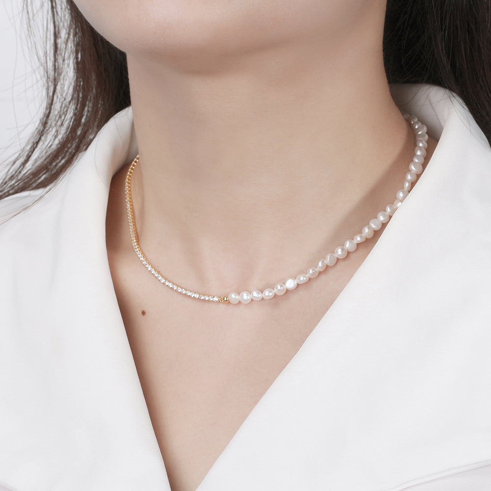 Daitny Chunky Half Barque Pearl Half Silver Tennis Necklace